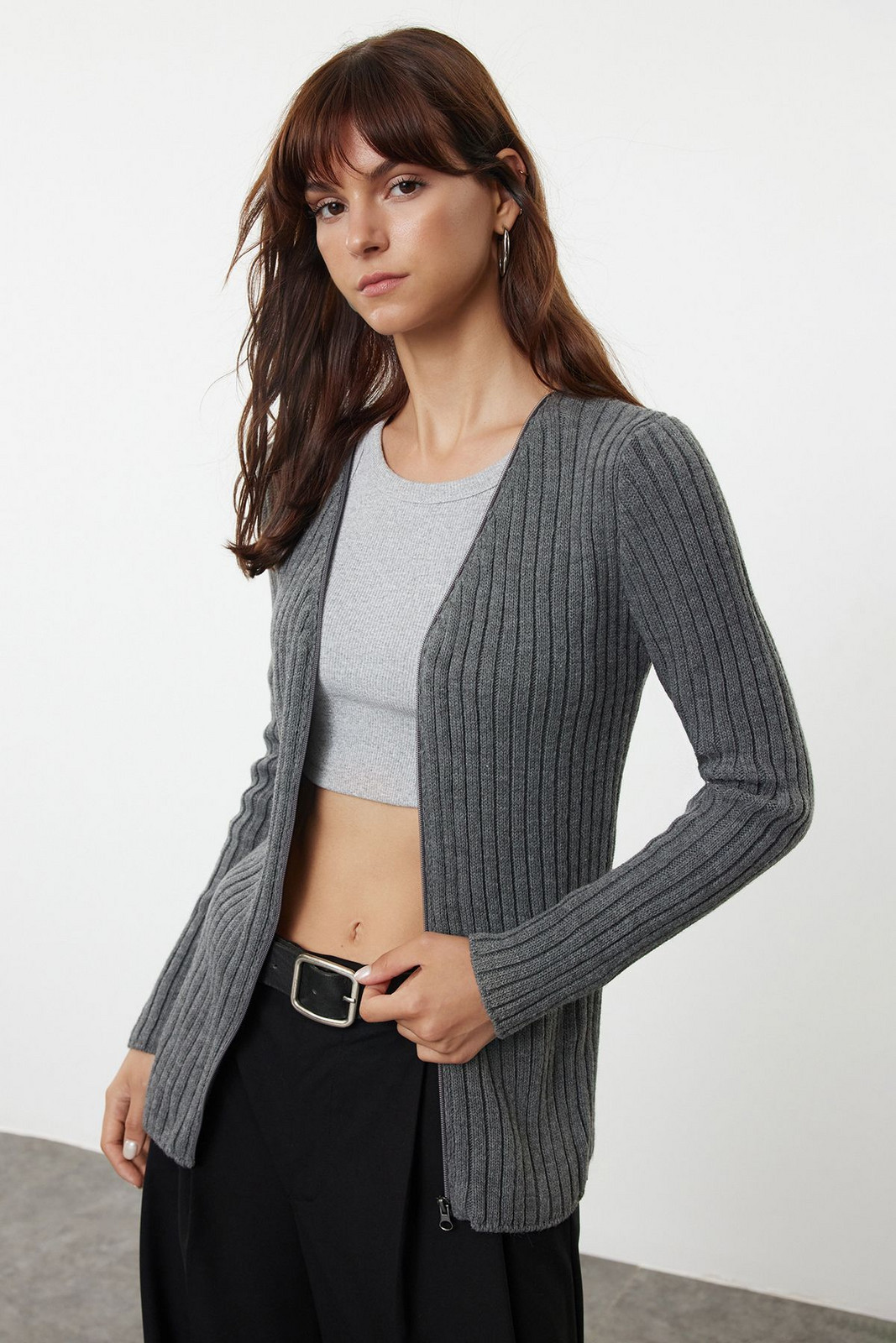 Trendyol Anthracite Basic Ribbed Knit Cardigan