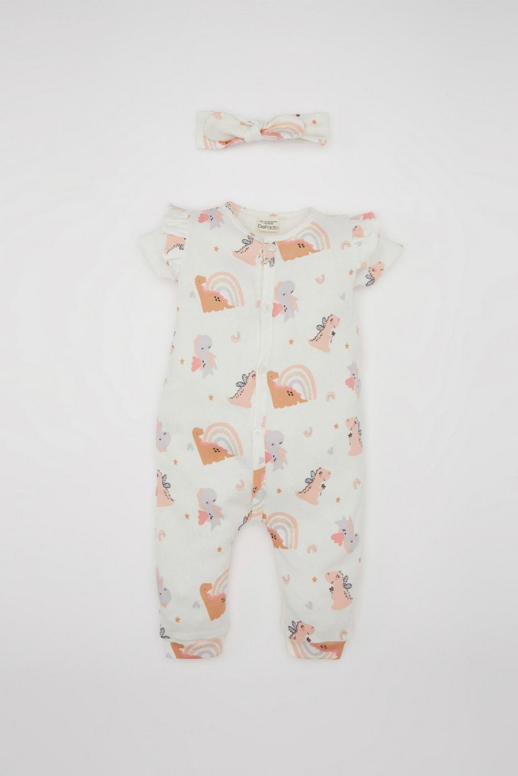 DEFACTO Baby Girl Newborn Dinosaur Patterned Waffle Jumpsuit Bandana Set of 2