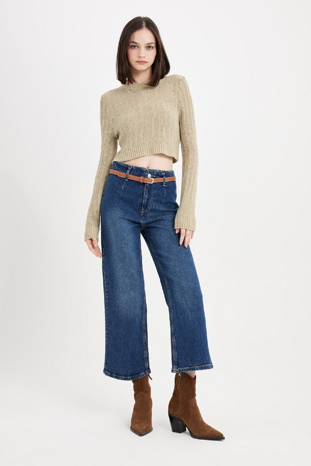 DEFACTO Culotte High Waist Ankle Length Jean Washed Trousers