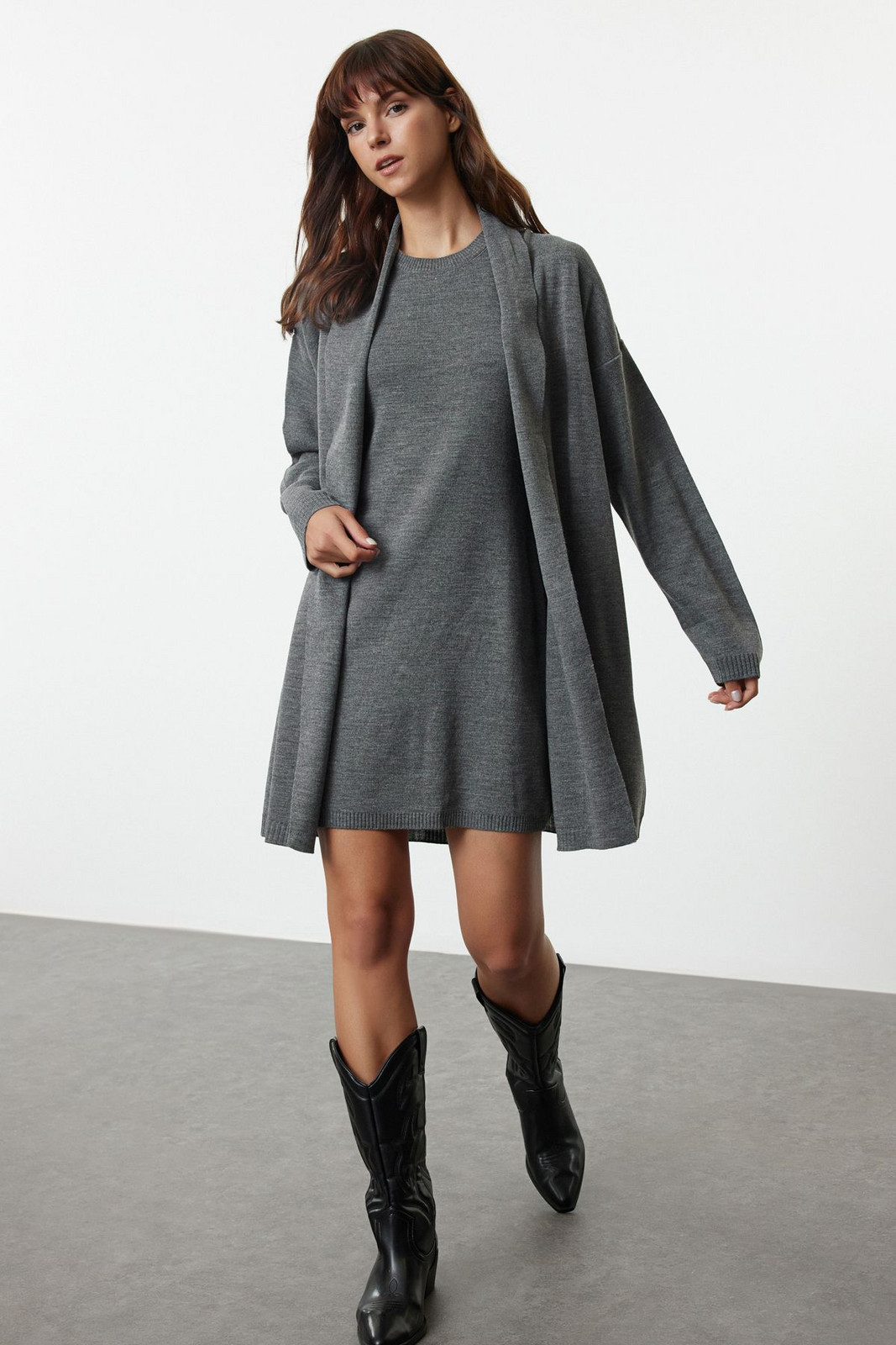 Trendyol Anthracite Mini Knit Dress-Cardigan