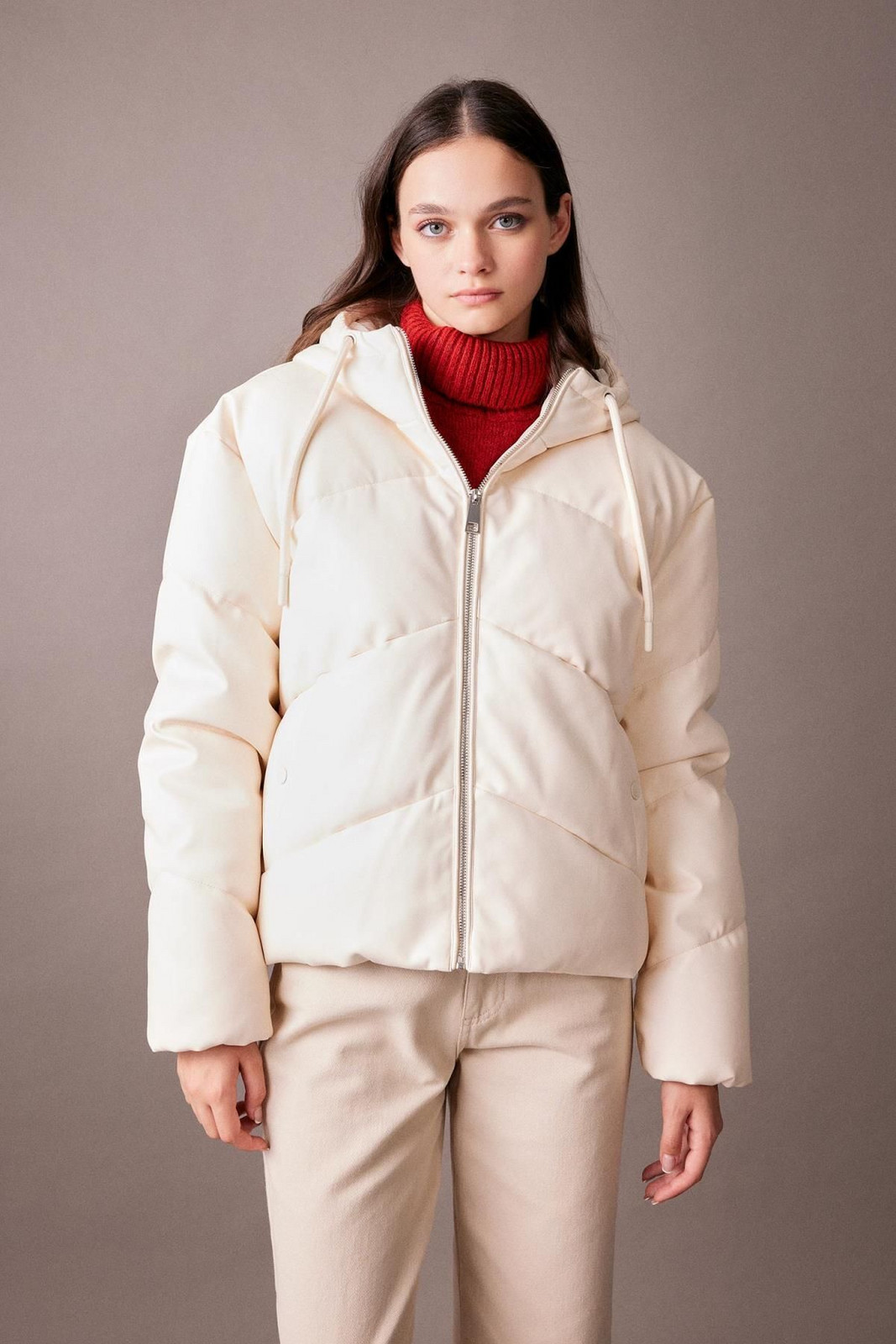 DEFACTO Waterproof Hooded Faux Leather Puffer Jacket