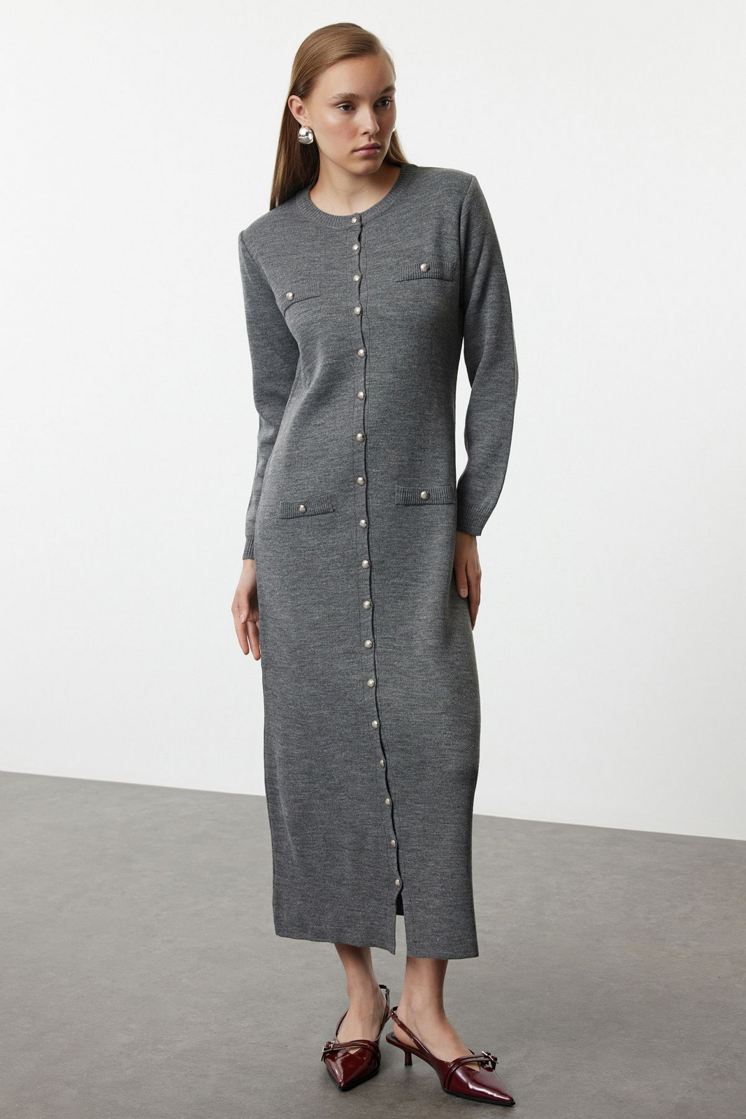 Trendyol Anthracite Knitwear Buttoned Dress