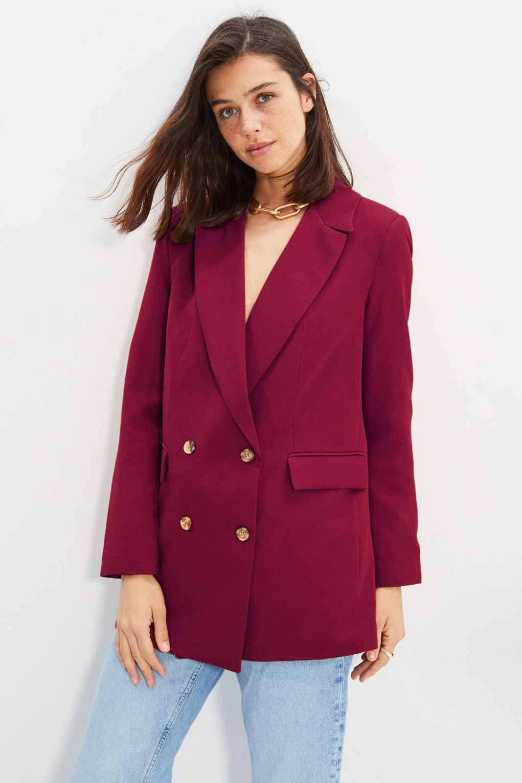 Trendyol Burgundy Oversize Lined Buttoned Woven Blazer Jacket