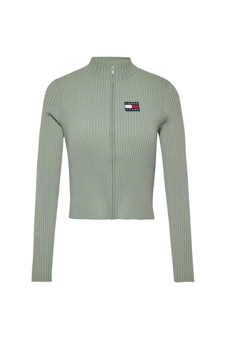 Tommy Jeans Sveter - TJW BADGE ZIP TRHU SWEATER zelený