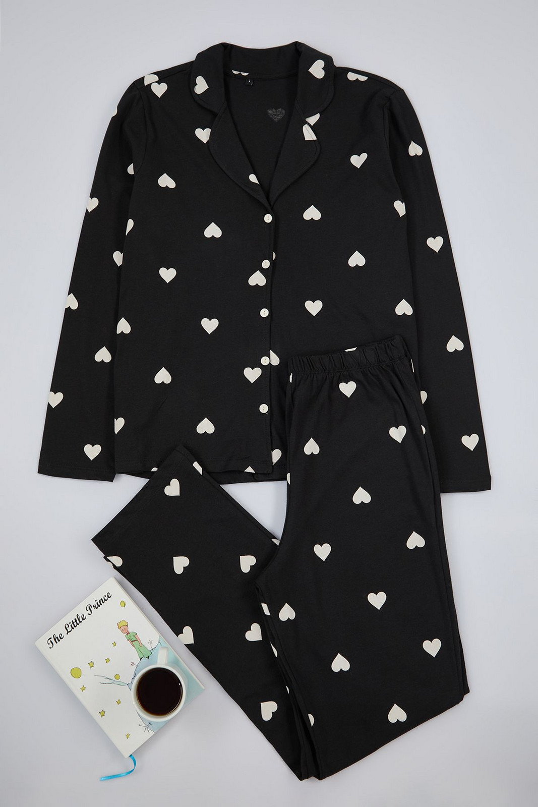 Trendyol Black 100% Cotton Heart Patterned Shirt-Pants Knitted Pajama Set