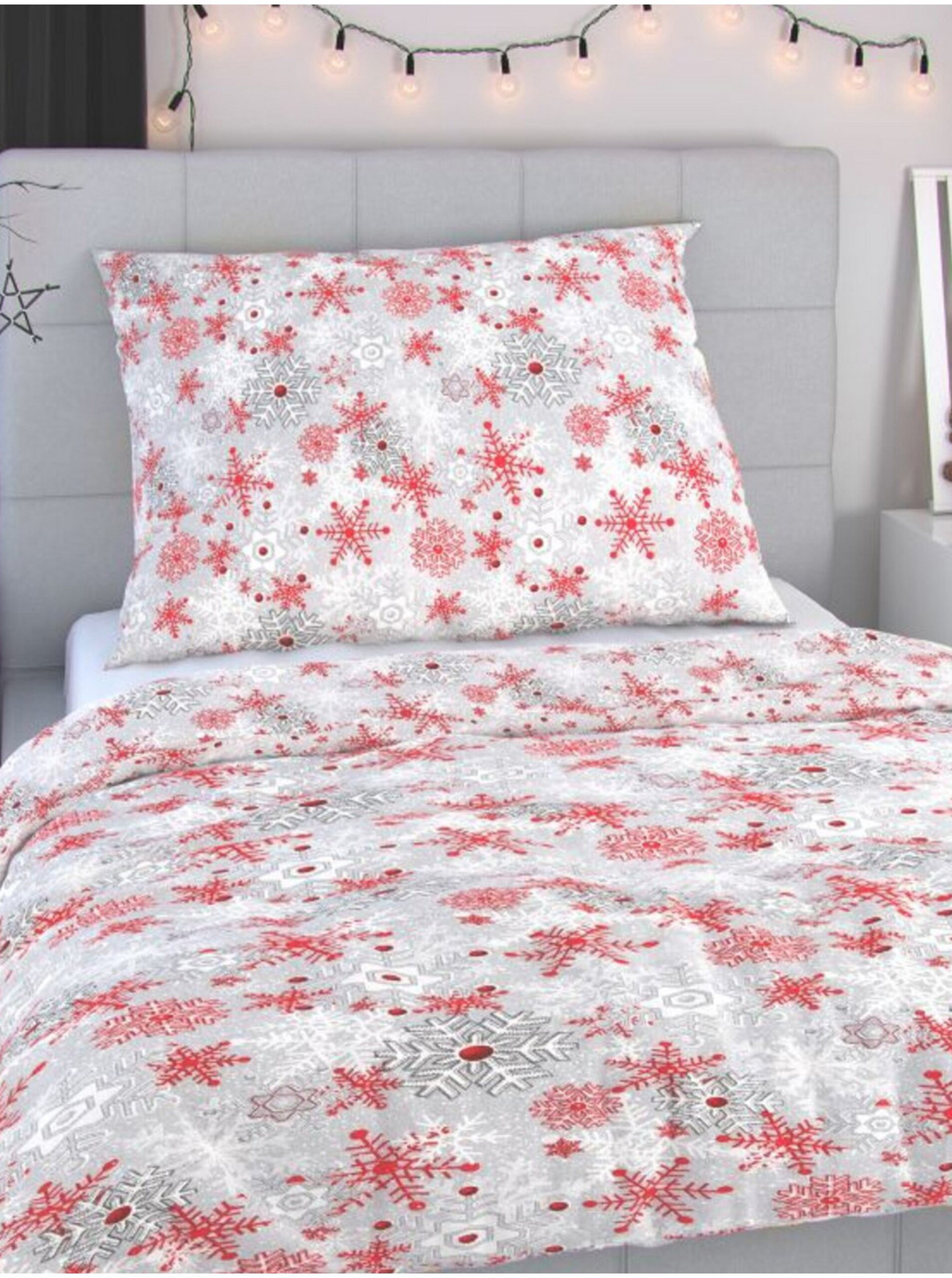 Vianočné flanelové obliečky 140x200, 70x90cm VLOČKY červenošedé Kvalitex