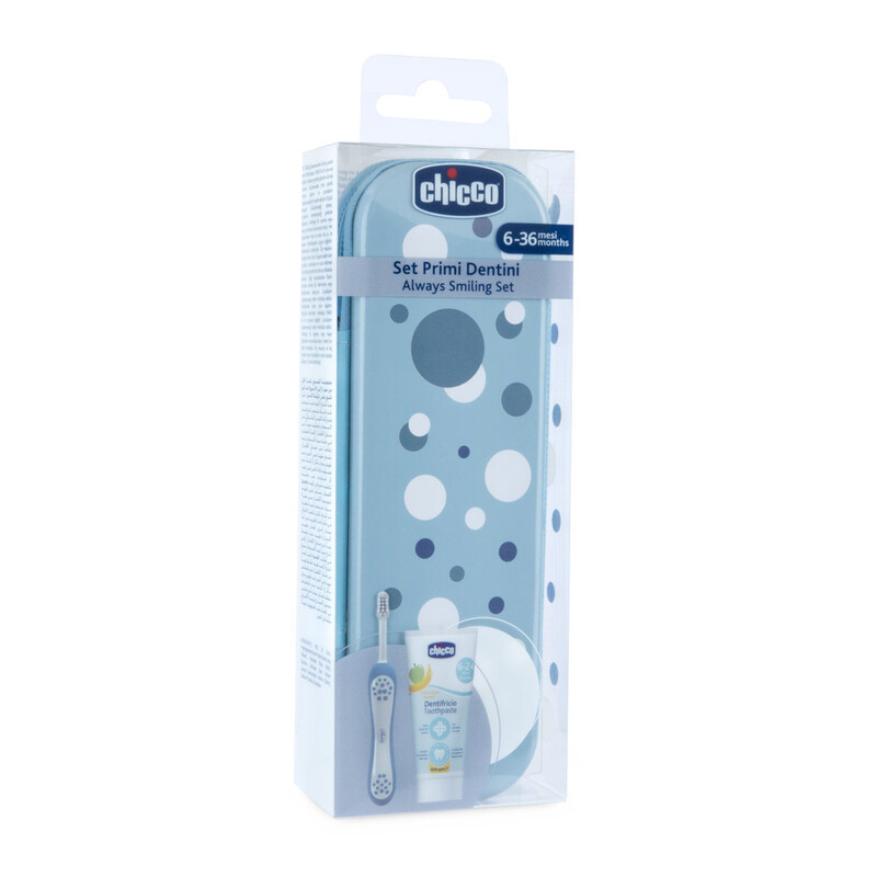 CHICCO - Set zubná kefka a pasta v puzdre Always smiling - light blue, 6m+