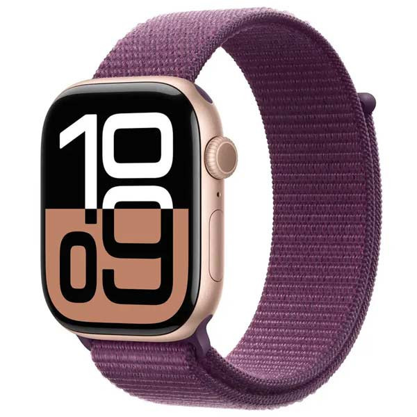 Apple Watch Series 10 GPS + Cellular 42mm Rose Gold Aluminium Case with Plum Sport Loop MWXC3QCA