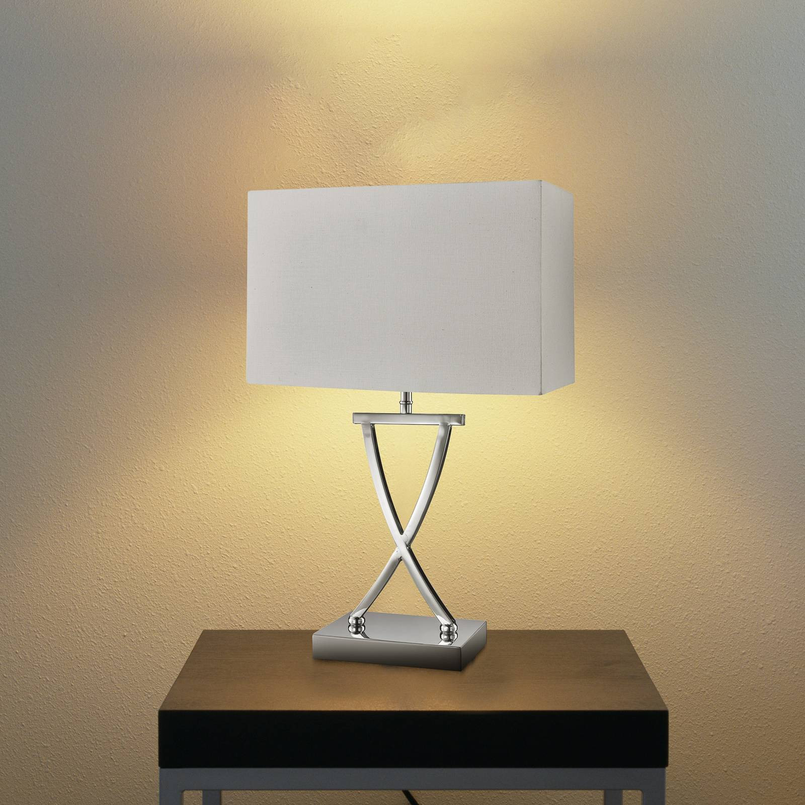 Klubová stolová lampa, chróm/biela, výška 35,5 cm, textil, E14