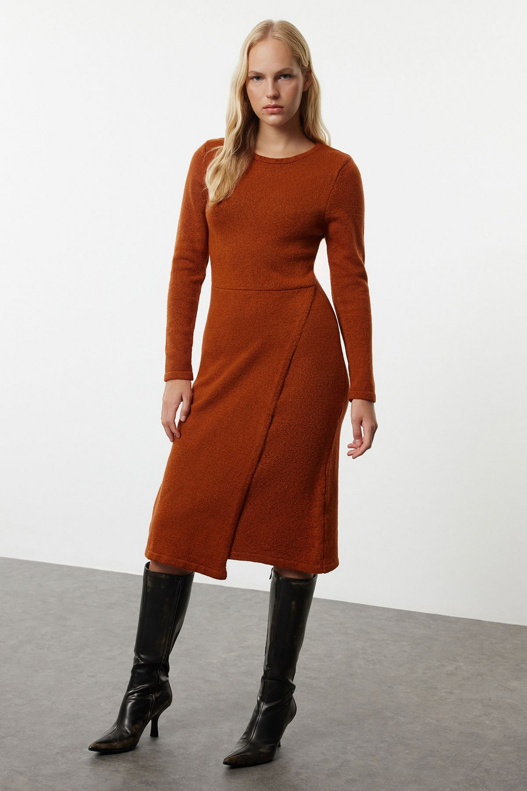 Trendyol Brick Midi Knit Soft Texture Double Breasted Detail Dress