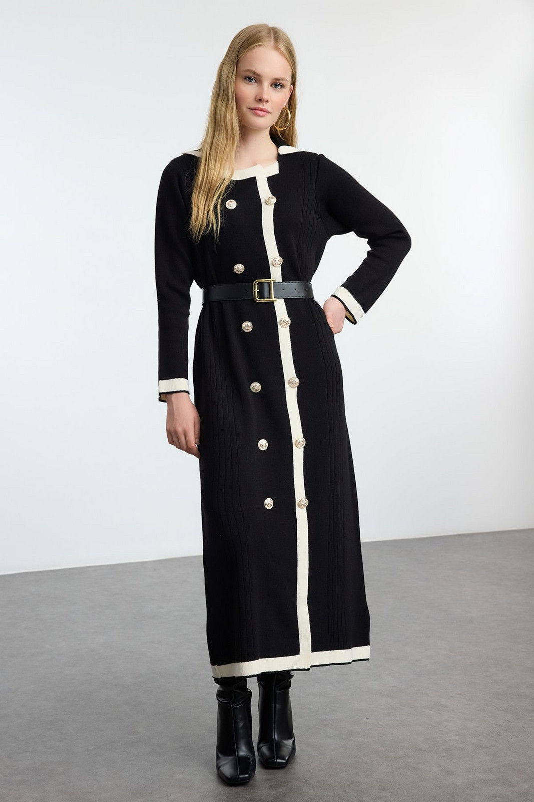 Trendyol Black Belted Knitwear Color Block Dress