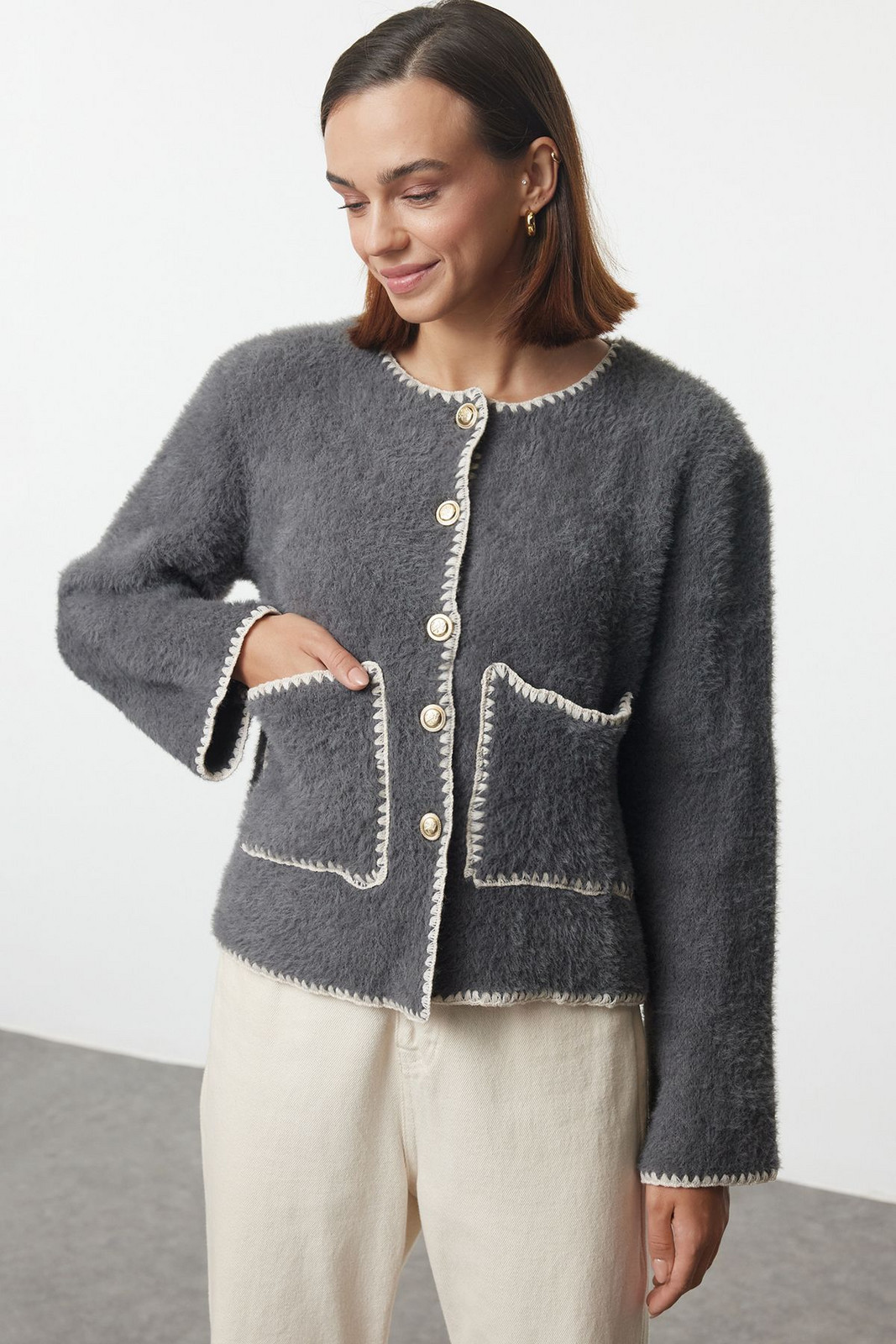 Trendyol Anthracite Fluffy Soft Texture Coat-Looking Knitwear Cardigan