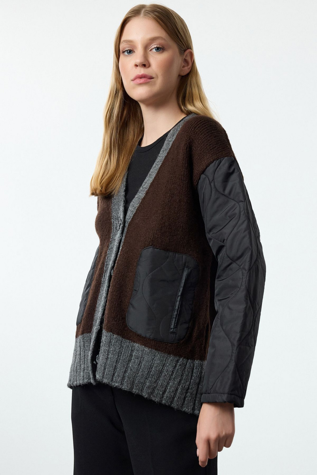 Trendyol Anthracite Color Block Quilted Detailed Knitwear Cardigan
