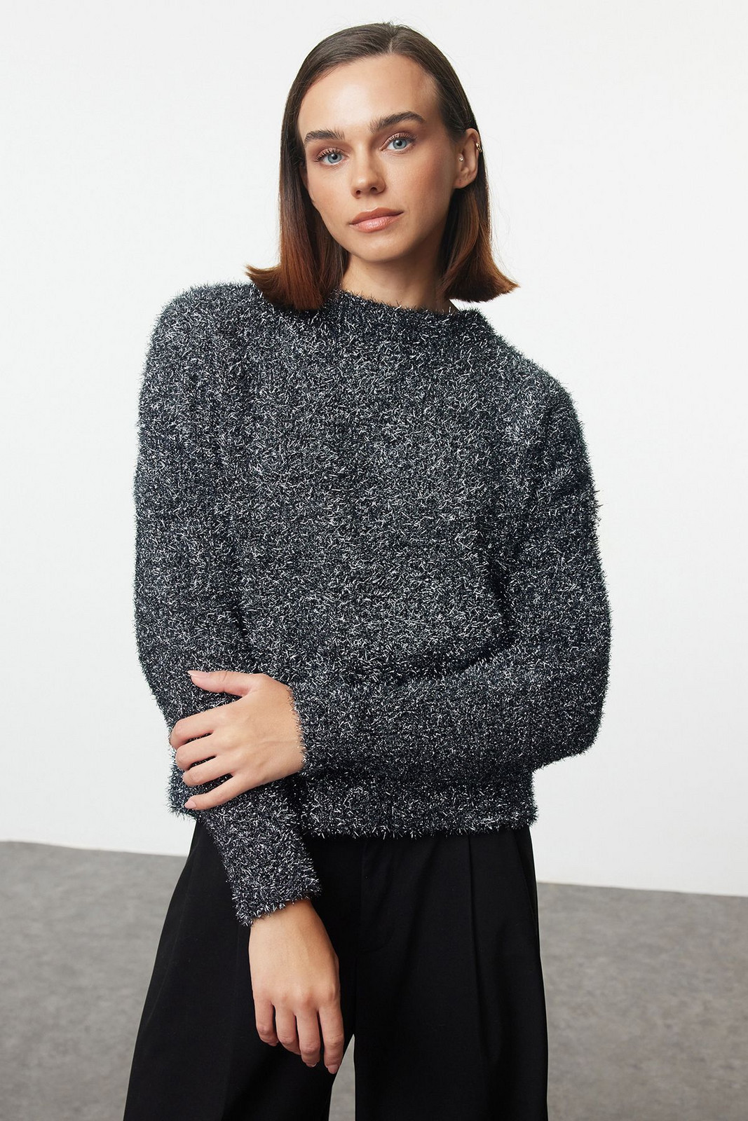 Trendyol Anthracite Glittery Knitted Sweater