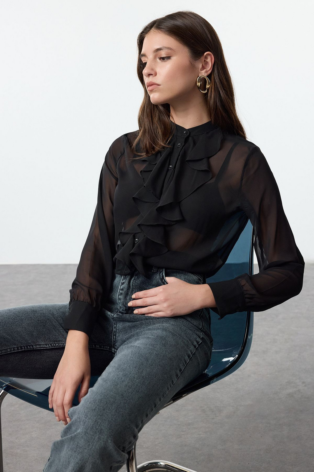 Trendyol Black Front Ruffle Detailed Judge Collar Woven Regular Regular Fit Shirt