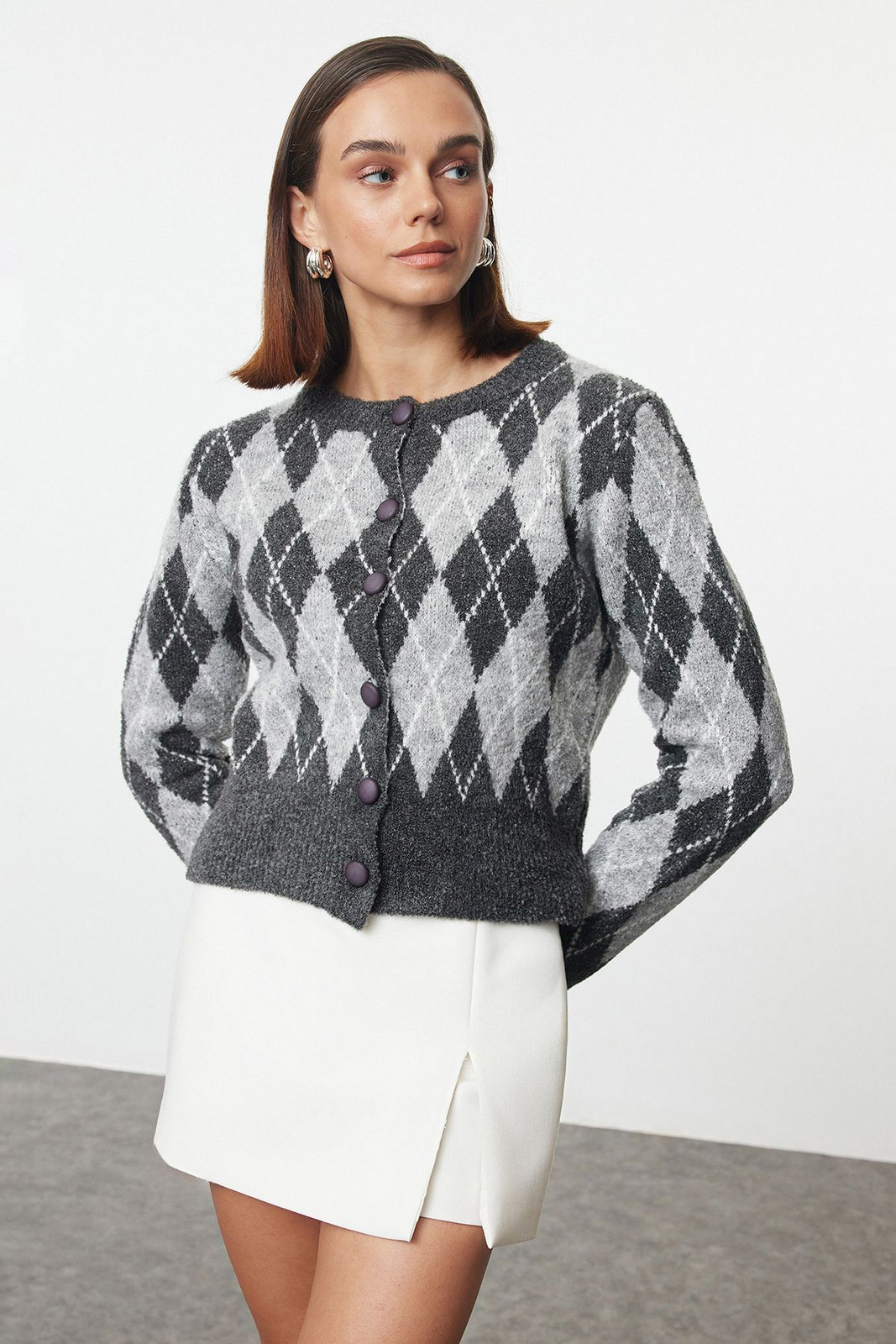 Trendyol Anthracite Boucle Knit Cardigan
