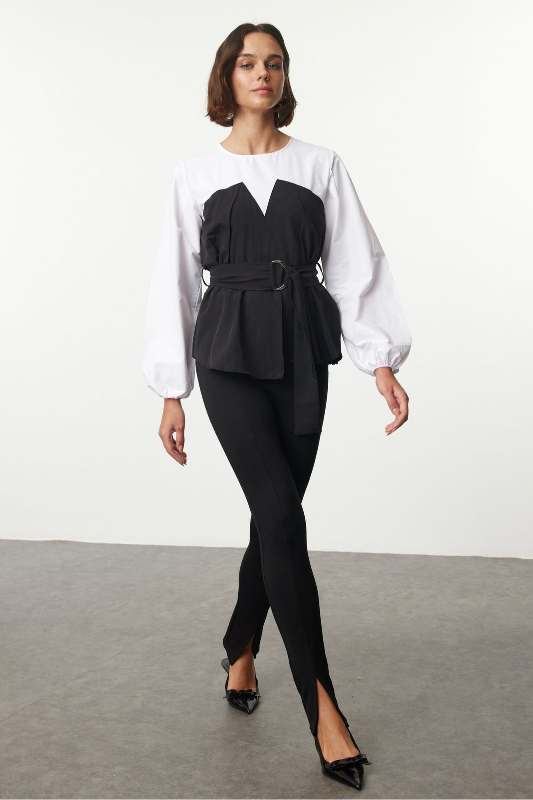 Trendyol Black Balloon Sleeve Belted Woven Blouse