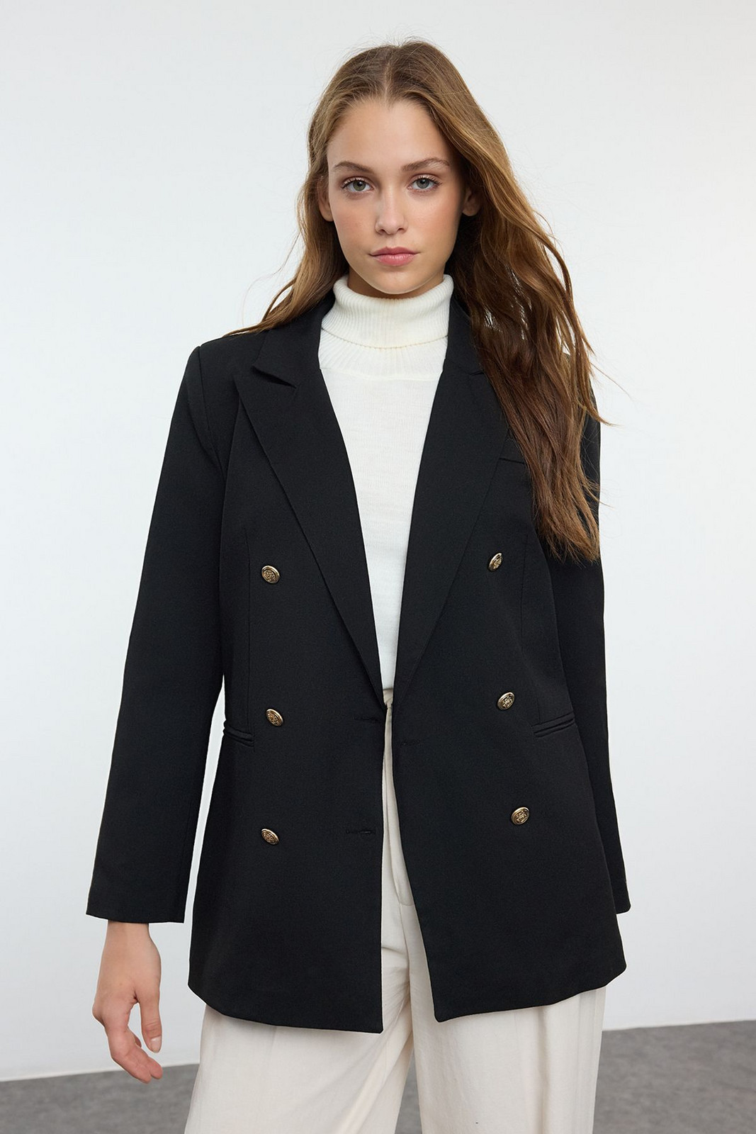 Trendyol Black Button Detailed Woven Blazer Jacket