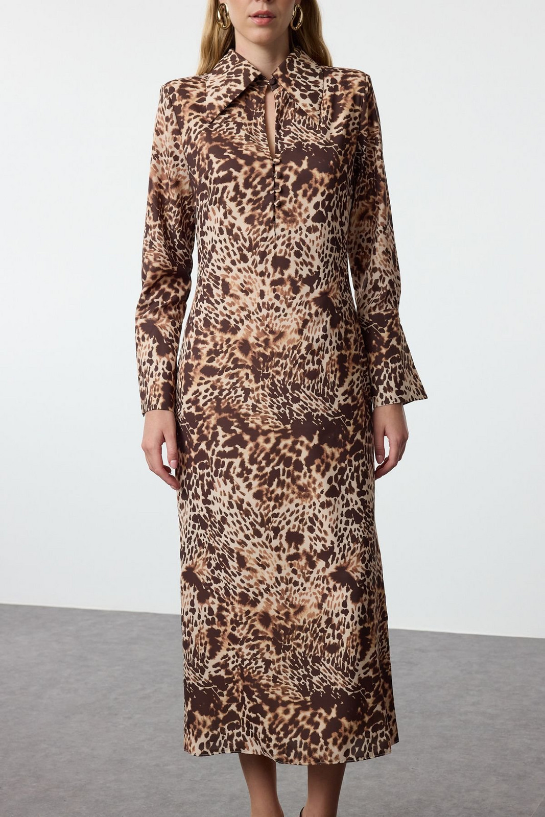 Trendyol Limited Edition Brown Leopard Midi Woven Dress