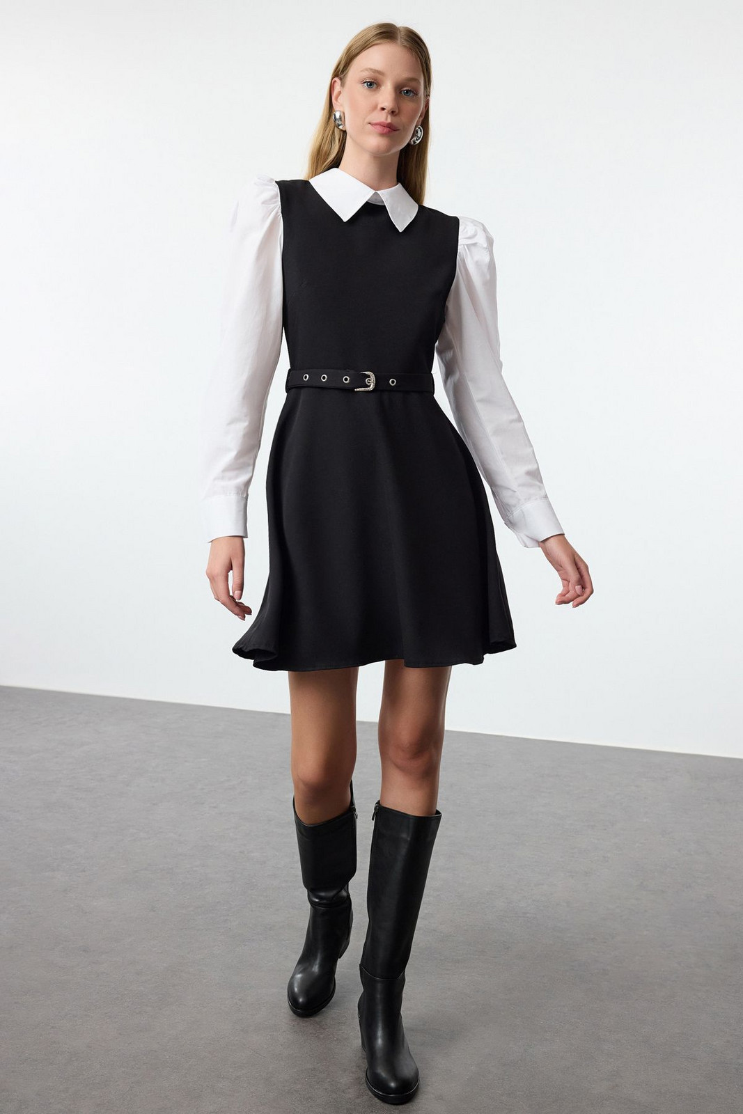 Trendyol Black Belted Waist Opening Combined Shirt Mini Woven Dress
