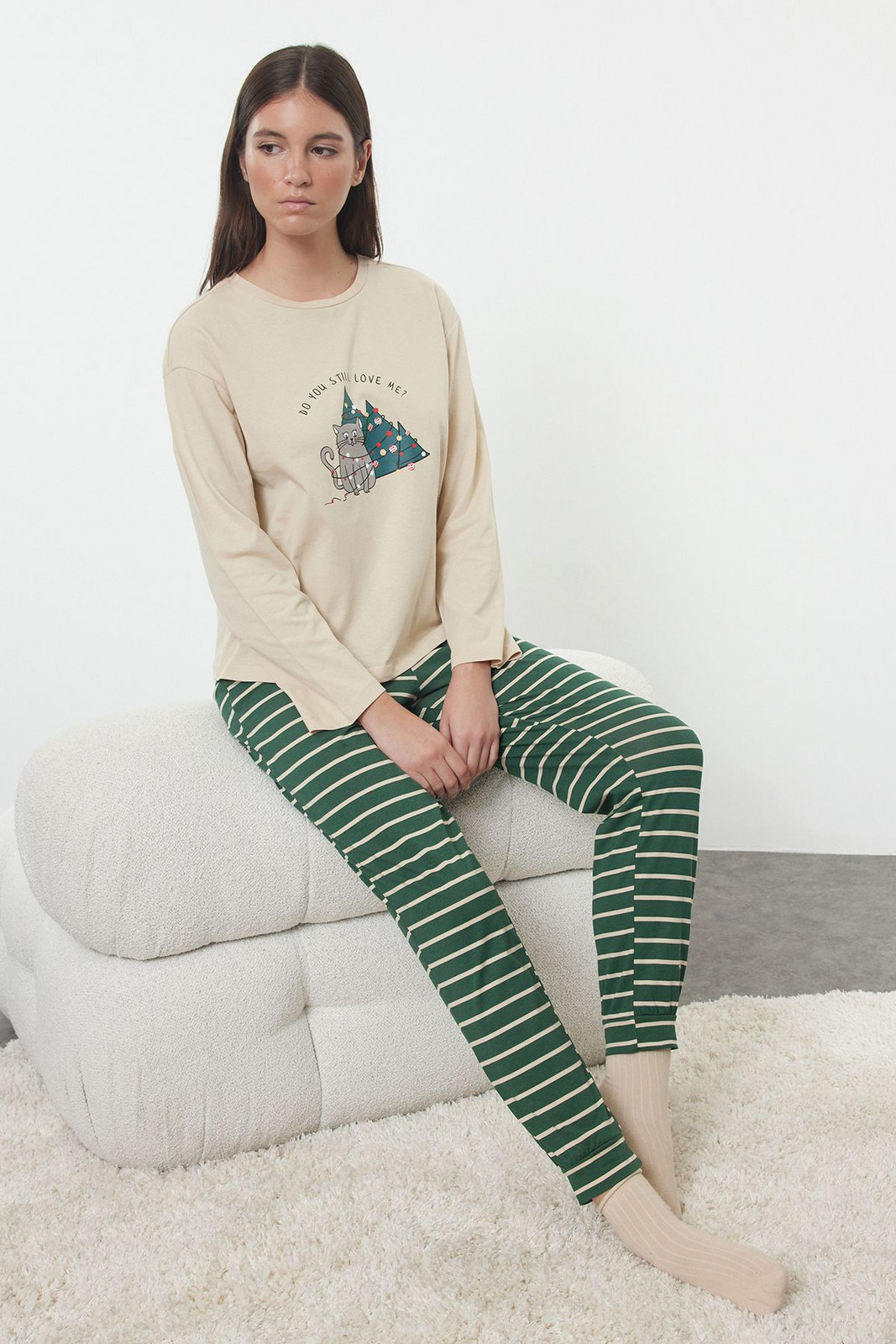 Trendyol Beige 100% Cotton Striped Christmas Themed Knitted Pajama Set