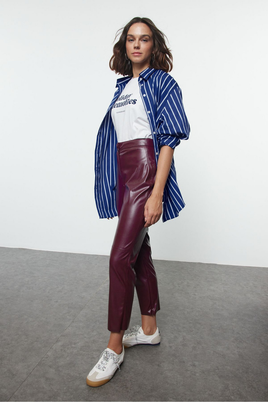 Trendyol Claret Red Faux Leather Cigarette Zippered Woven Trousers