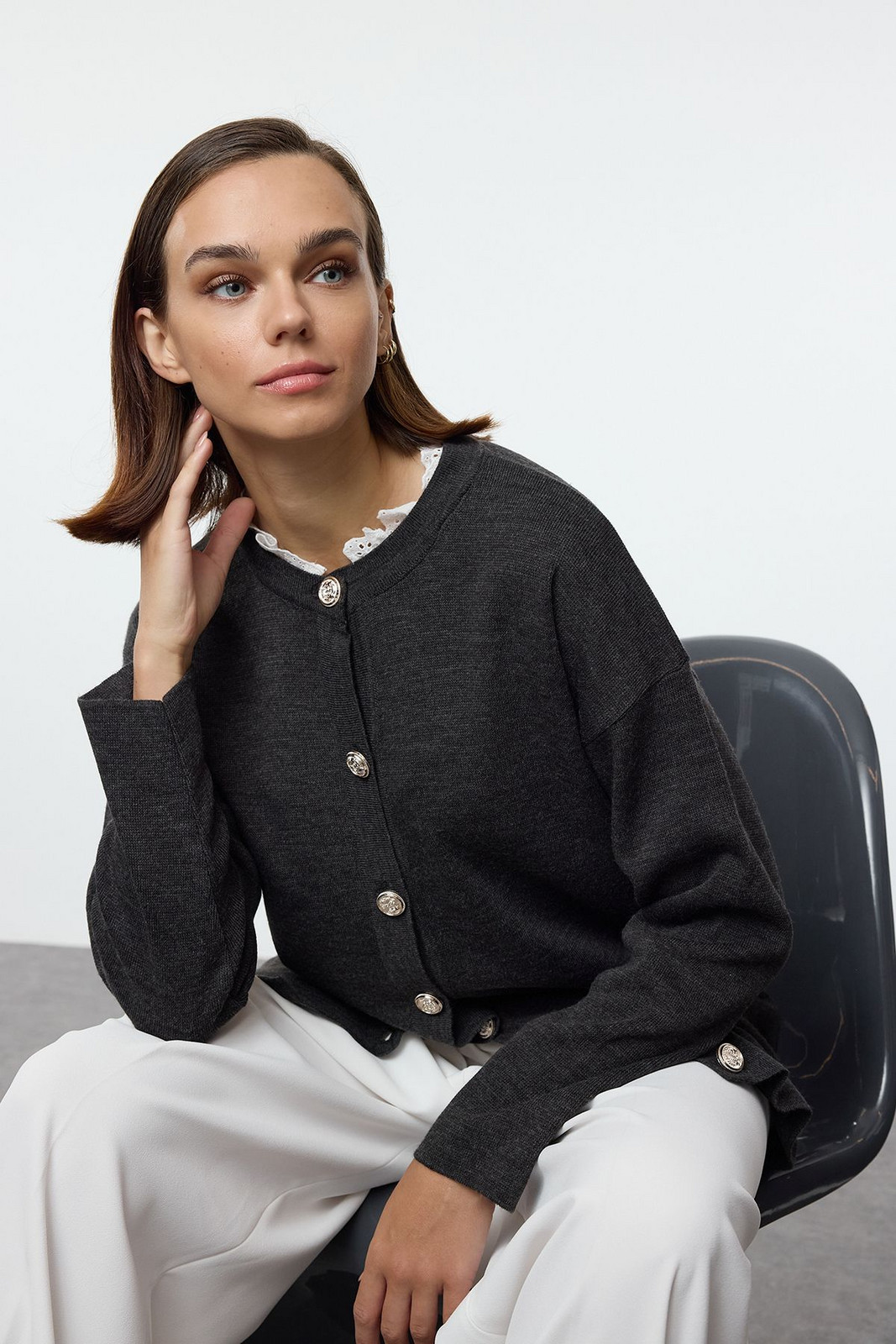 Trendyol Anthracite Collar Embroidered Lace Detailed Knitwear Cardigan