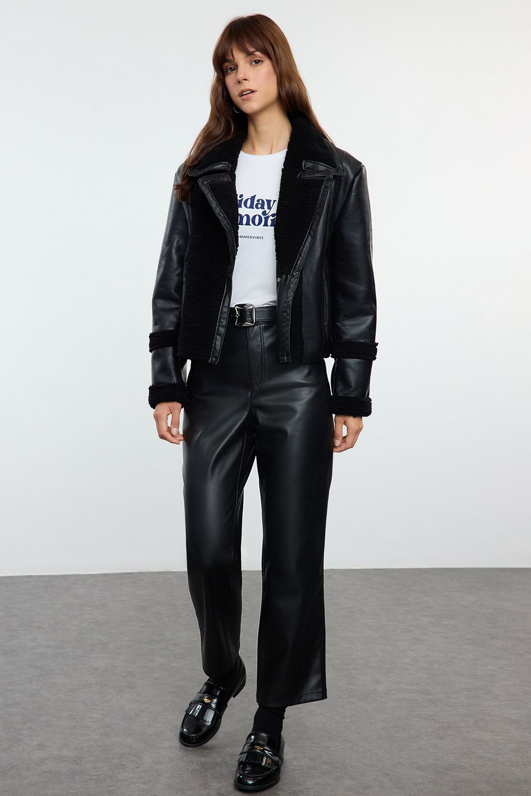 Trendyol Black Regular Fit Plush Detailed Faux Leather Biker Jacket Coat