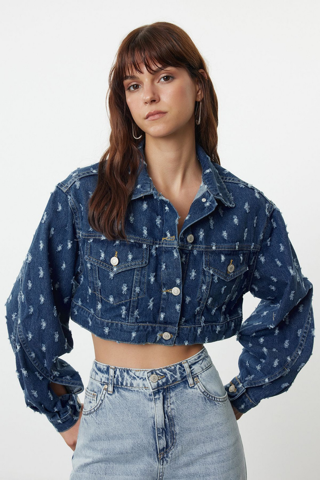 Trendyol Blue Textured Fabric Crop Denim Jacket
