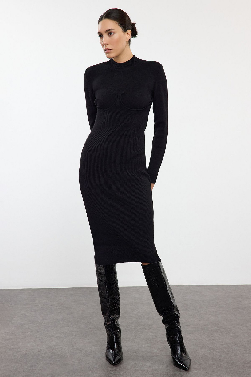 Trendyol Black Midi Knit Corset Detail Dress