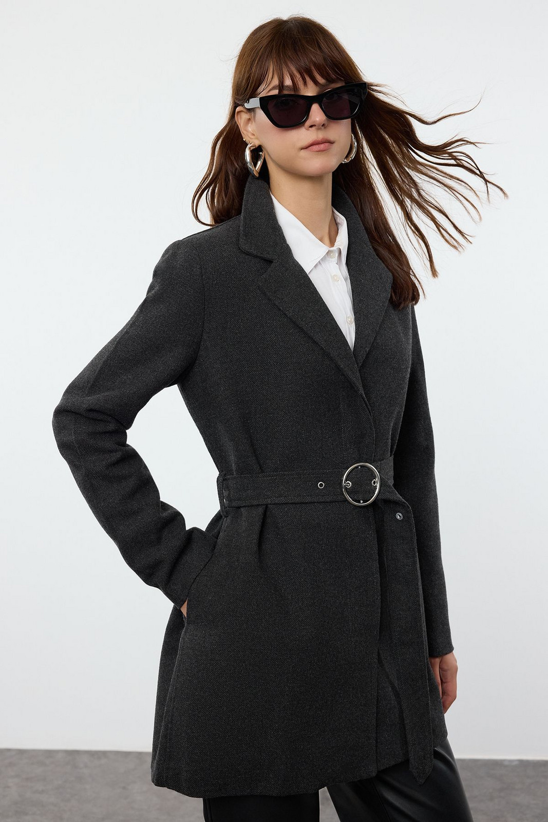 Trendyol Anthracite Belted Fitted Wool Midi Coat
