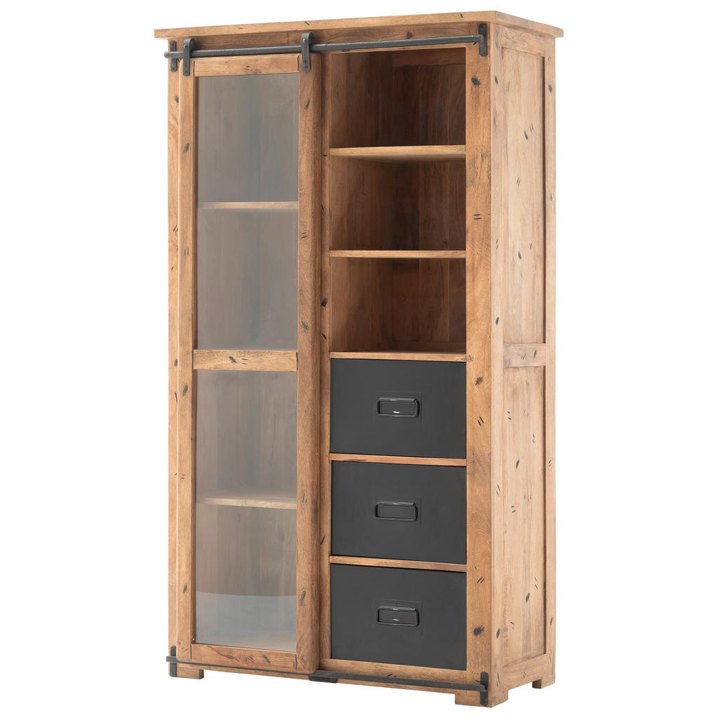 MID.YOU VITRÍNA, mangové drevo, antracitová, prírodná farba, 100/175/45 cm