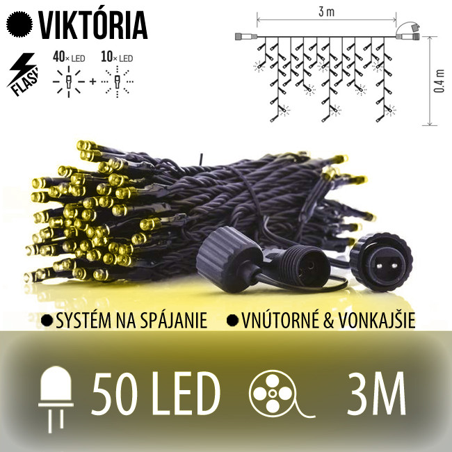 Viktória spojovateľná led svetelná záclona vonkajšia flash - 50led - 3m teplá biela / flash prebliknutie studená biela