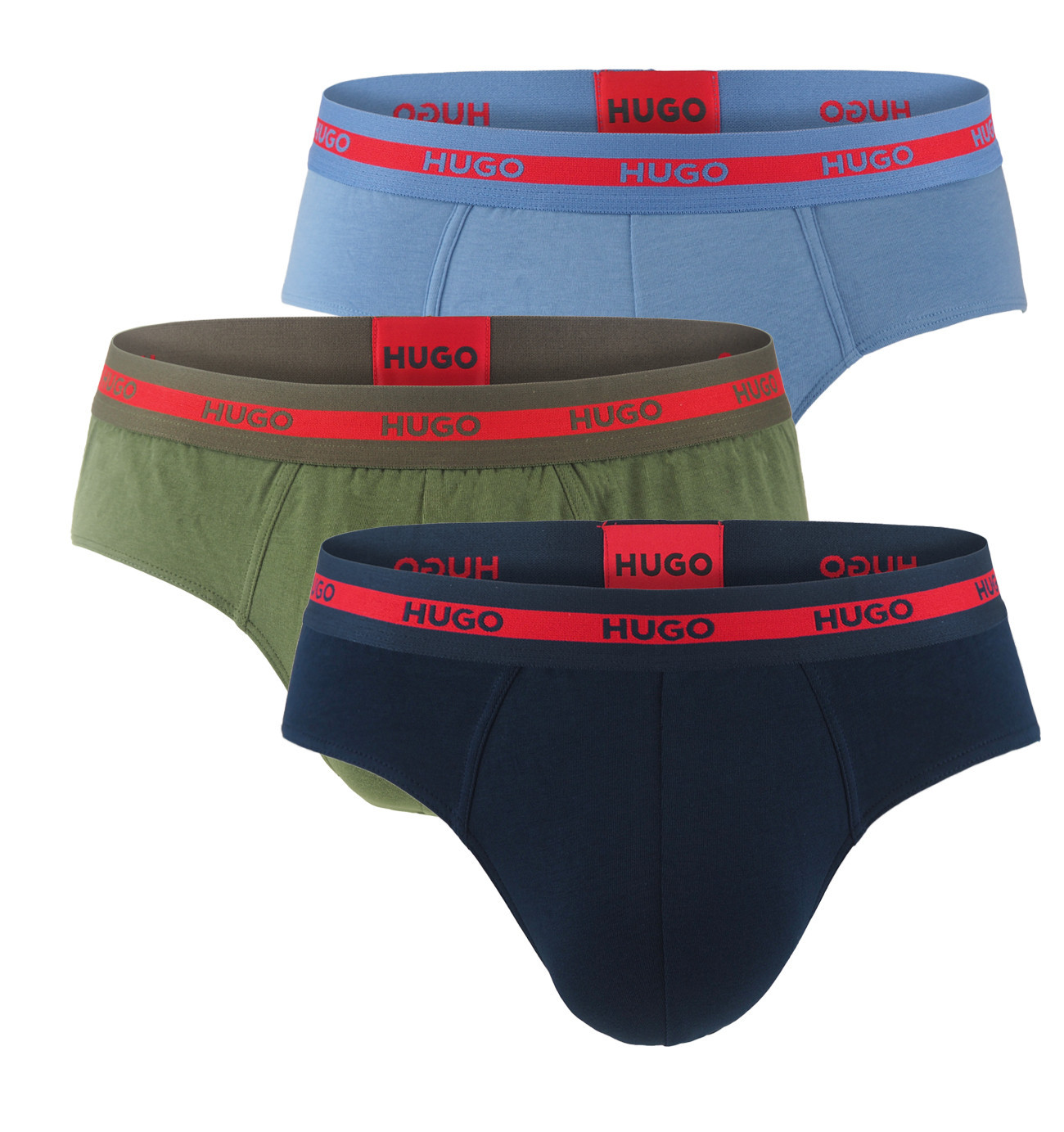 HUGO - slipy 3PACK cotton stretch modern army green & blue color combo z organickej bavlny - limitovaná fashion edícia (HUGO BOSS)
