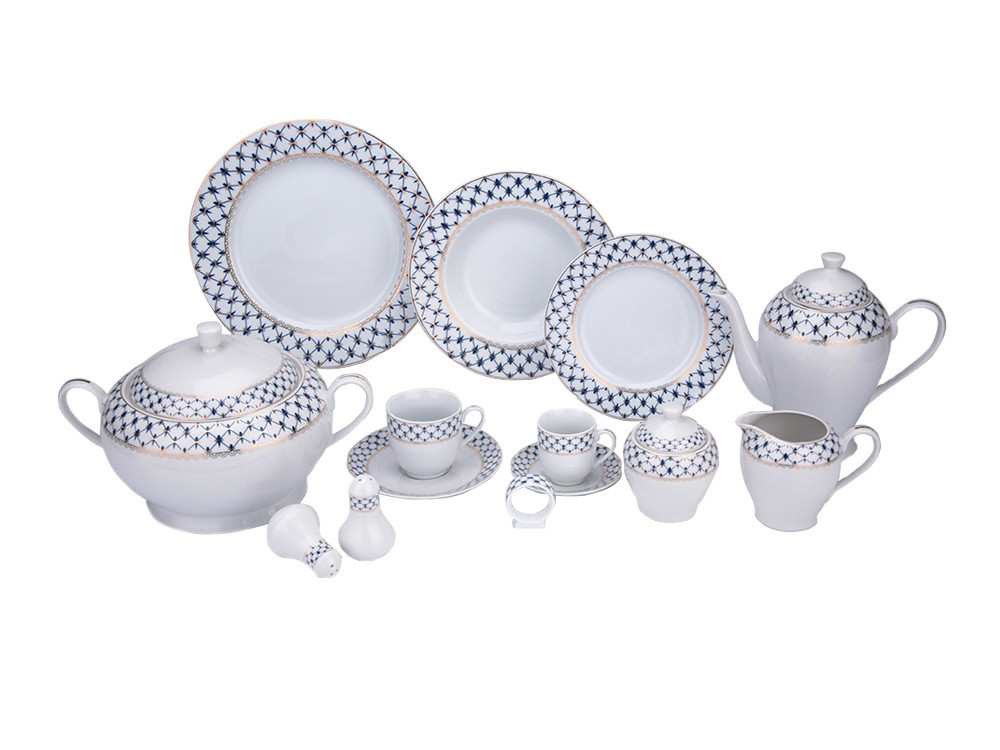KONDELA Garida Typ 1 porcelánová jedálenská súprava (57 ks) biela / modrá / zlatá