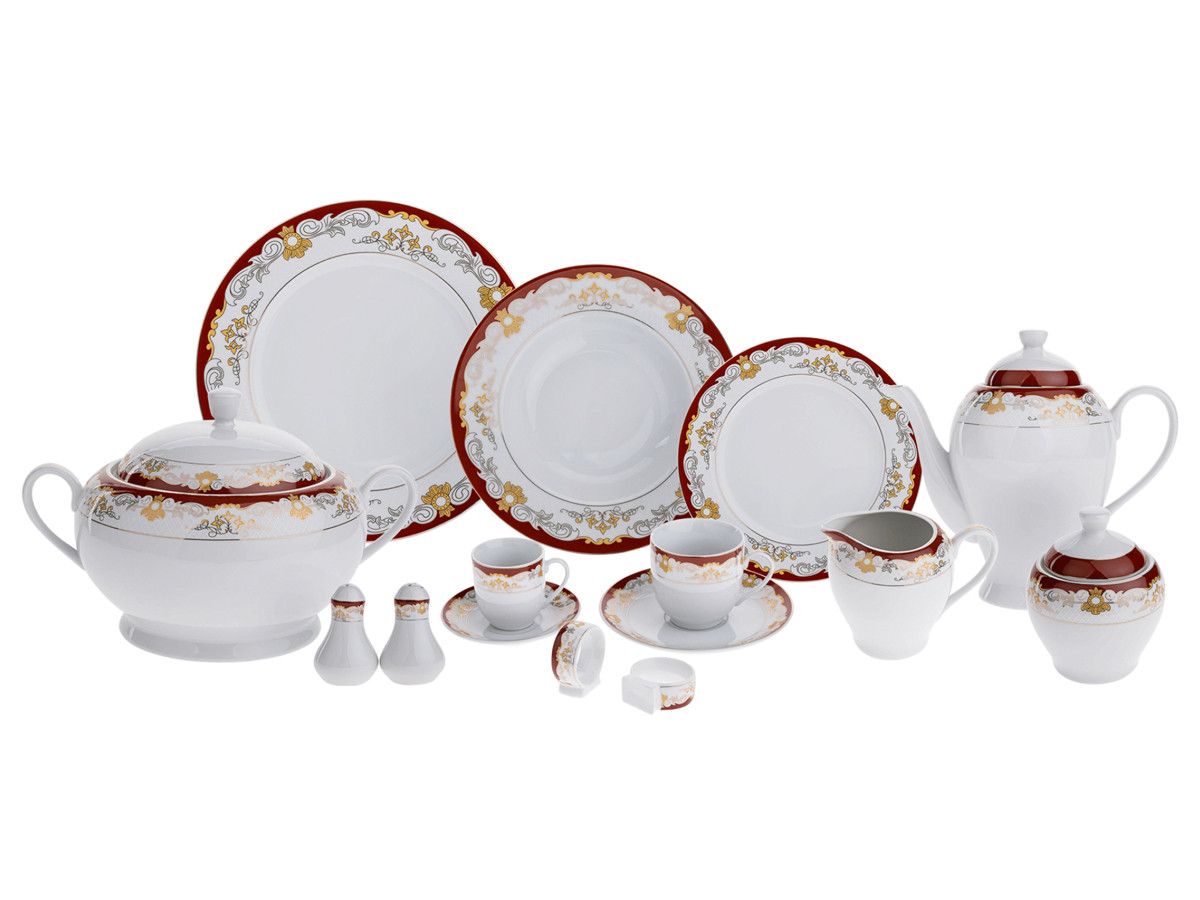 KONDELA Garida Typ 2 porcelánová jedálenská súprava (57 ks) biela / hnedá / zlatá / sivá