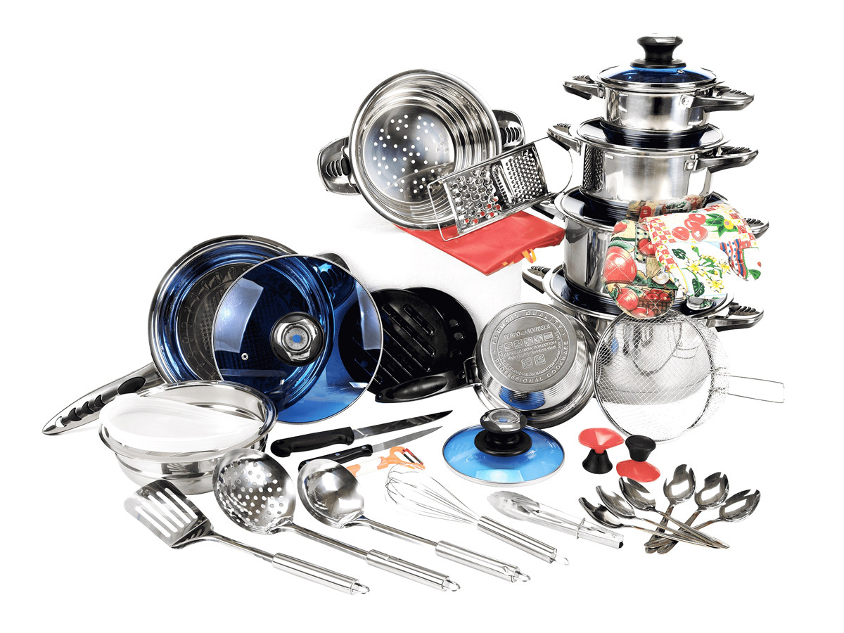 KONDELA Patia sada nerezových hrncov a kuchyského náradia (39 ks) strieborná