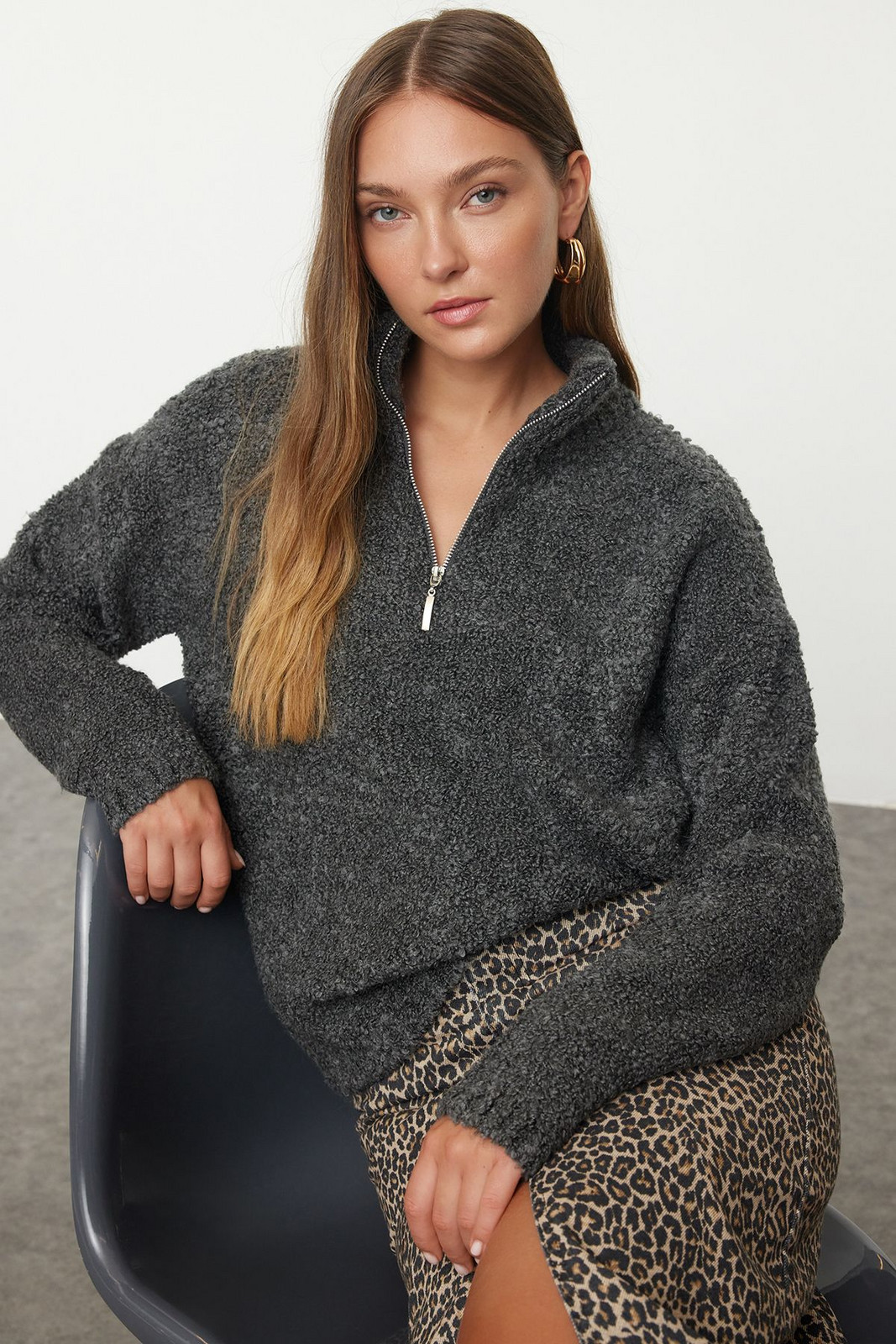 Trendyol Anthracite Boucle Yarn Stand Collar Knitwear Sweater