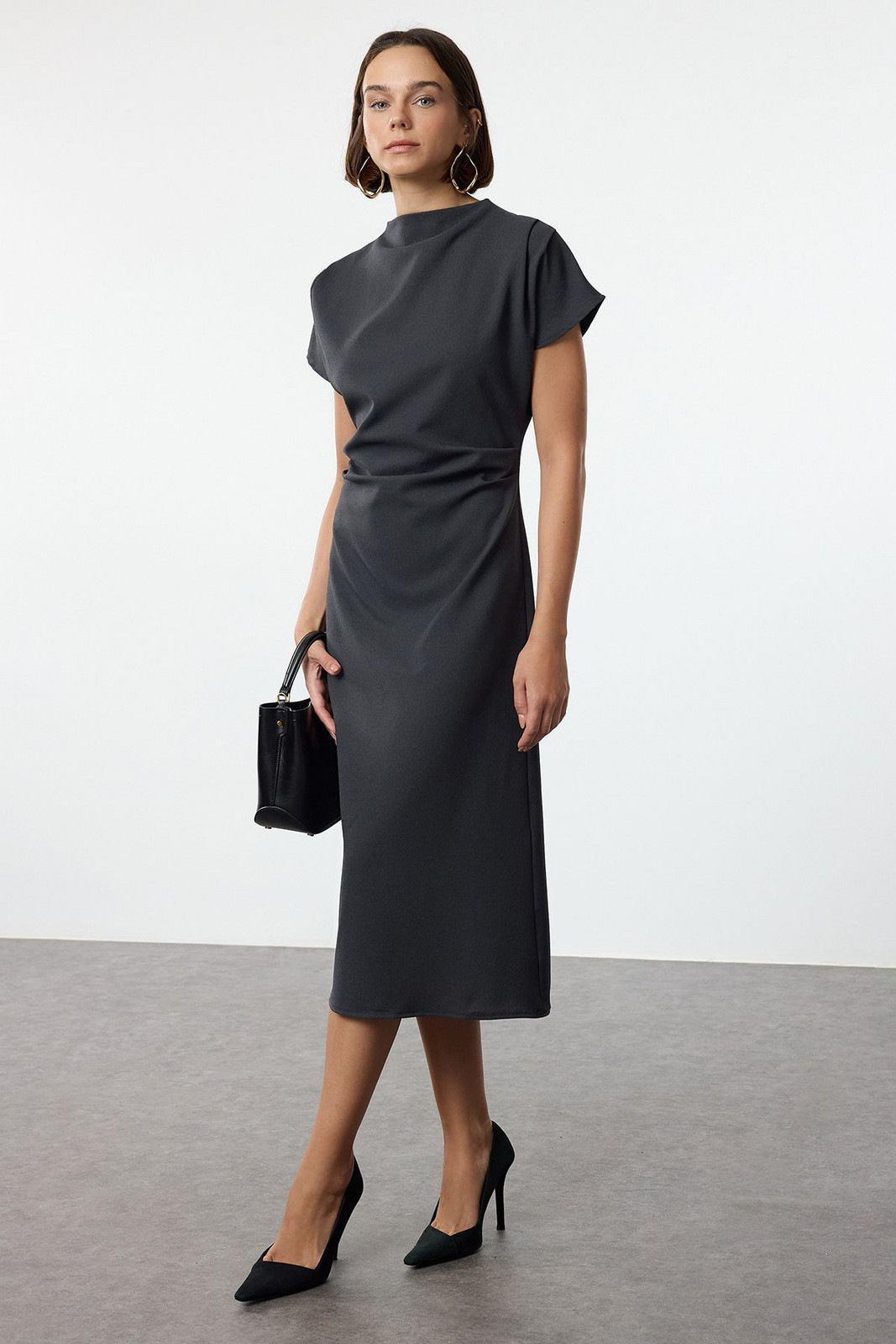 Trendyol Anthracite A-Line Cowl Neck Midi Crepe Woven Dress
