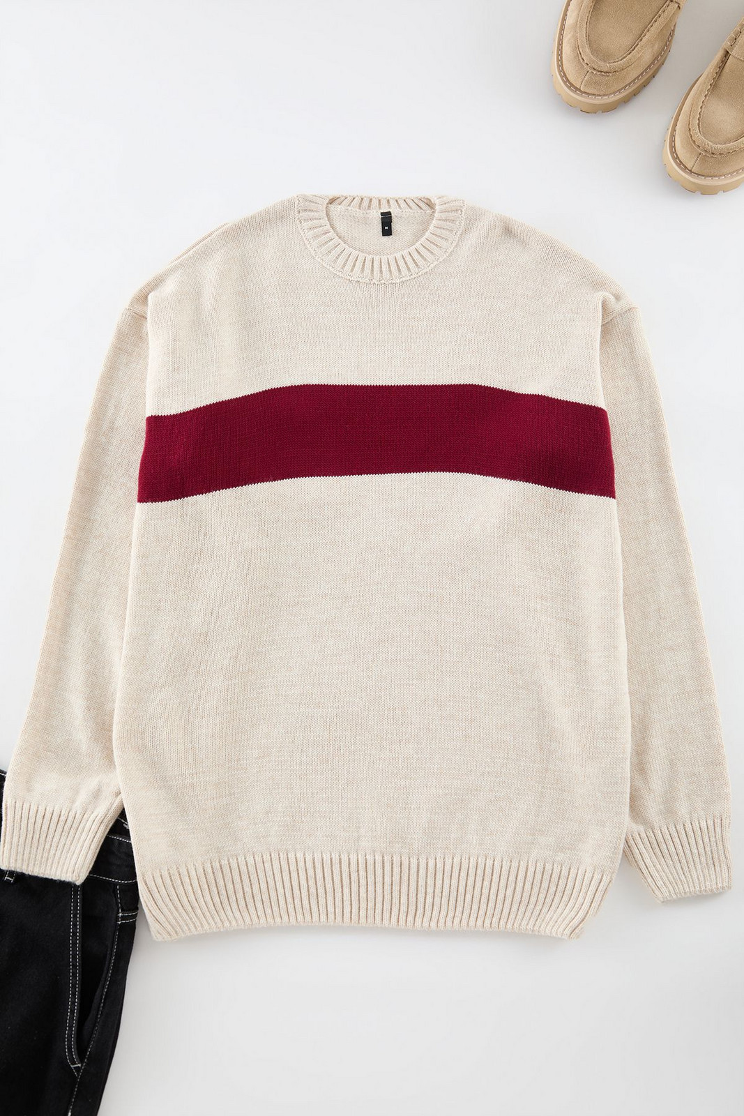 Trendyol Beige Regular Crew Neck Color Block Knitwear Sweater
