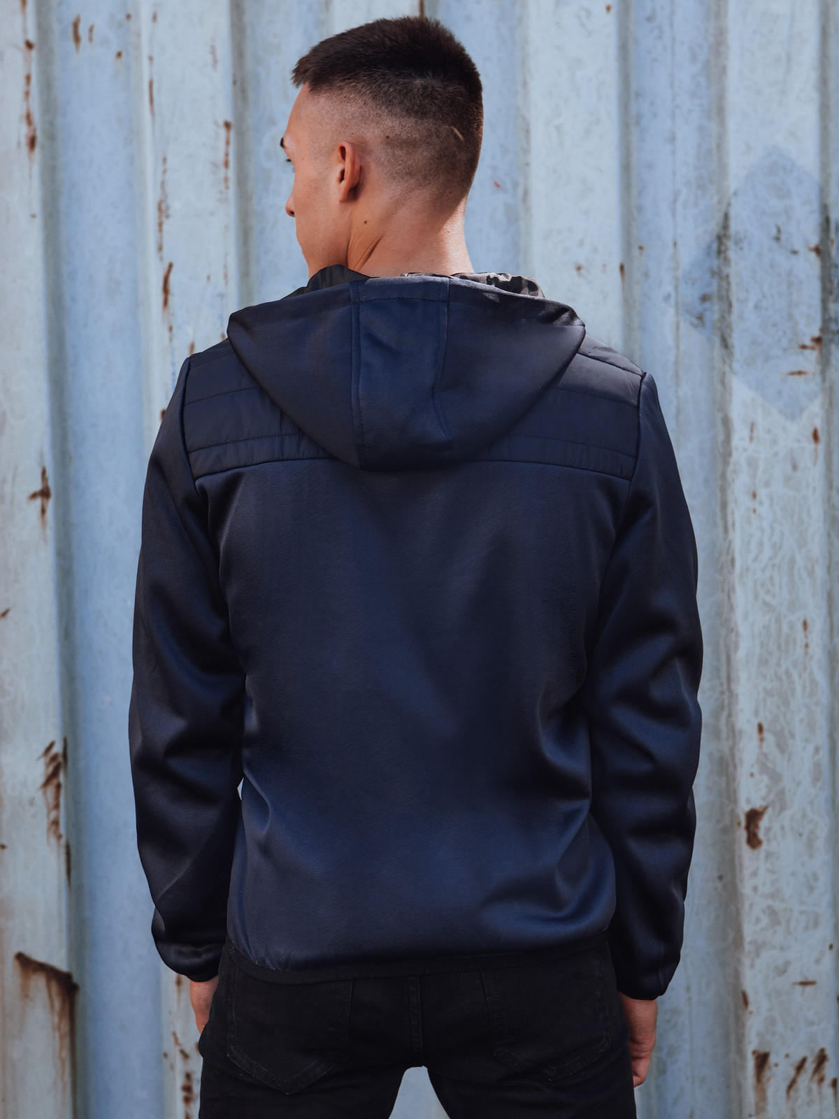 Men's transitional quilted jacket with hood dark blue Dstreet
