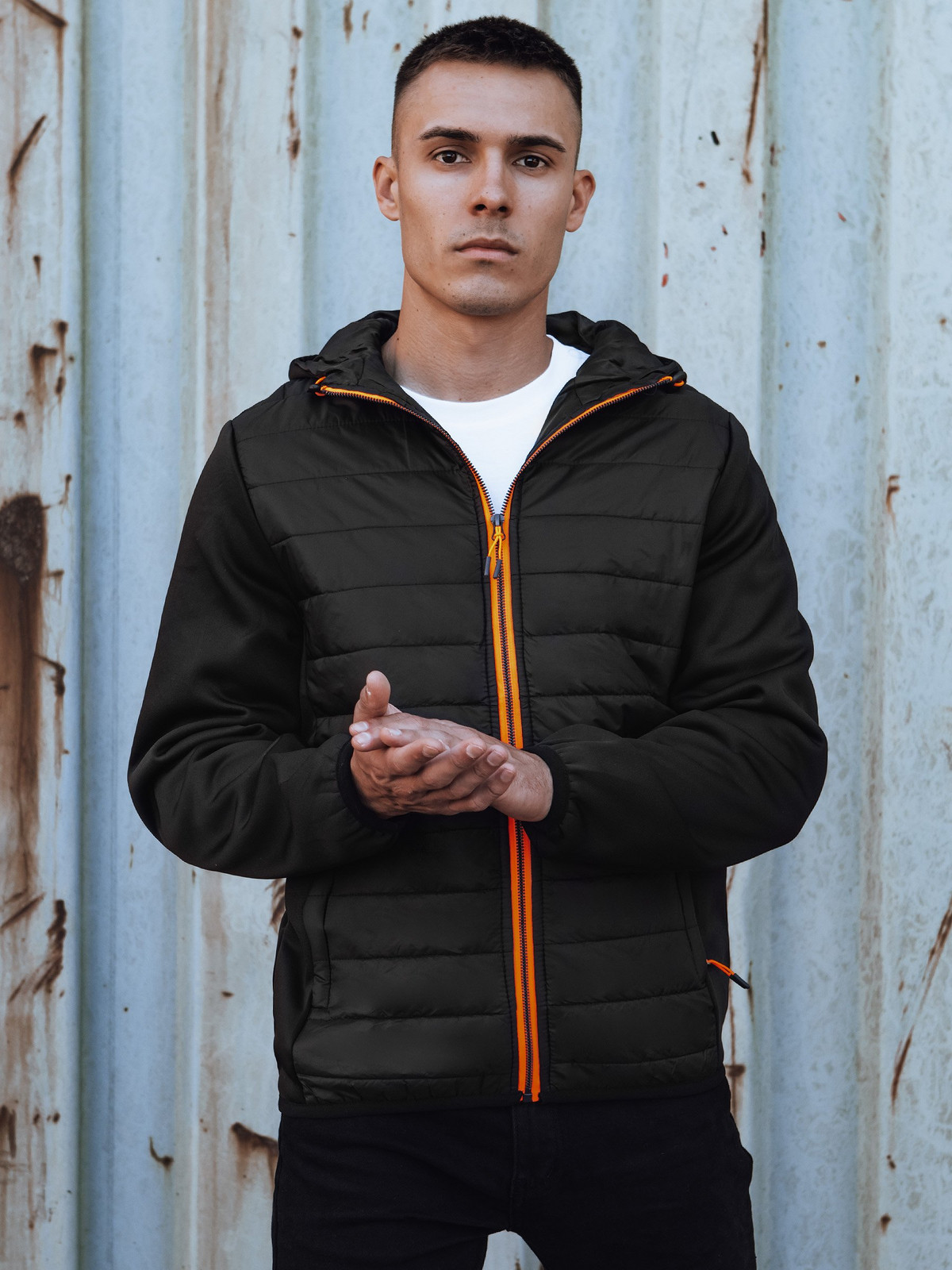 Men's transitional quilted jacket with hood black Dstreet