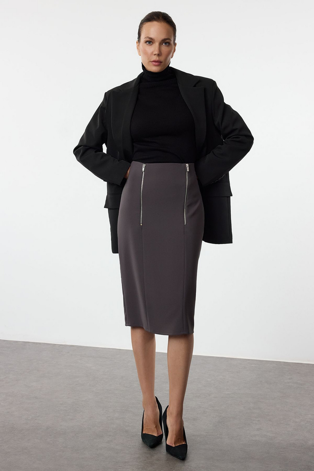 Trendyol Anthracite Front Zipper Detailed Midi Skirt
