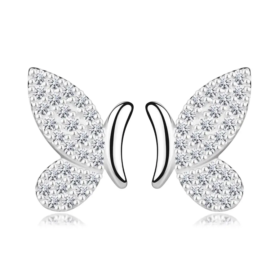 Strieborné 925 náušnice - motýľ, hladké telo, krídla s čírymi zirkónmi