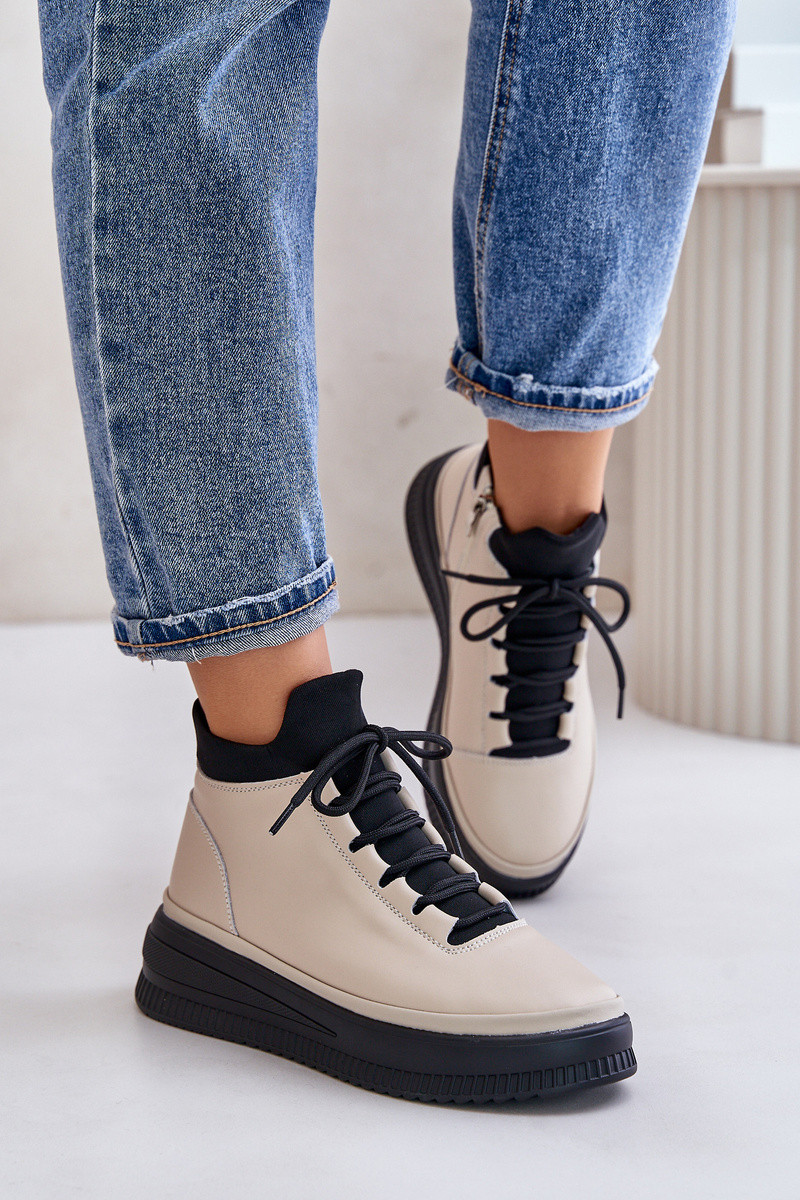 Svetlobéžové dámske kožené športové členkové tenisky na platforme - 36