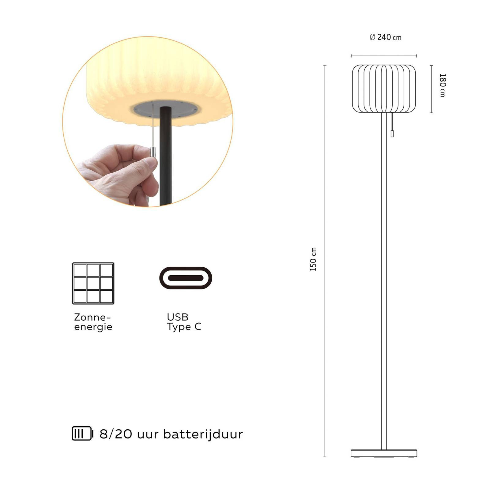 Solárna podlahová lampa Calex LED, IP44, ťahový spínač