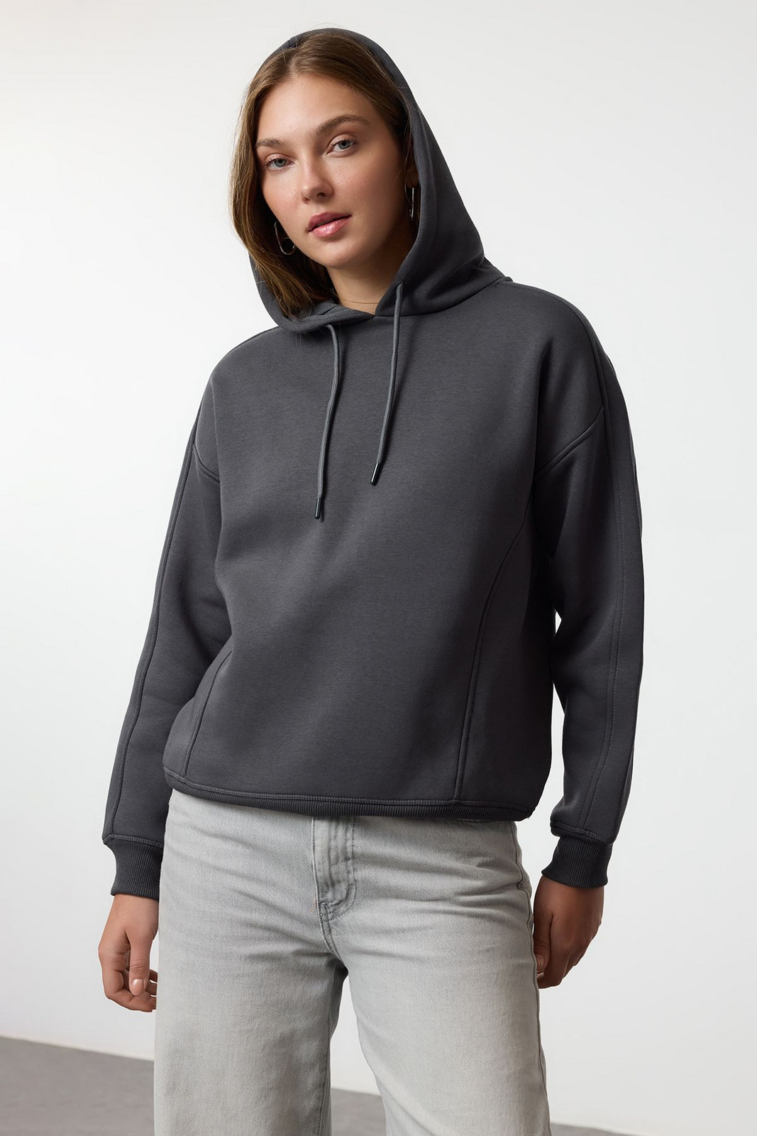 Trendyol Anthracite Oversize Thick Fleece Lined Hooded Knitted Sweatshirt