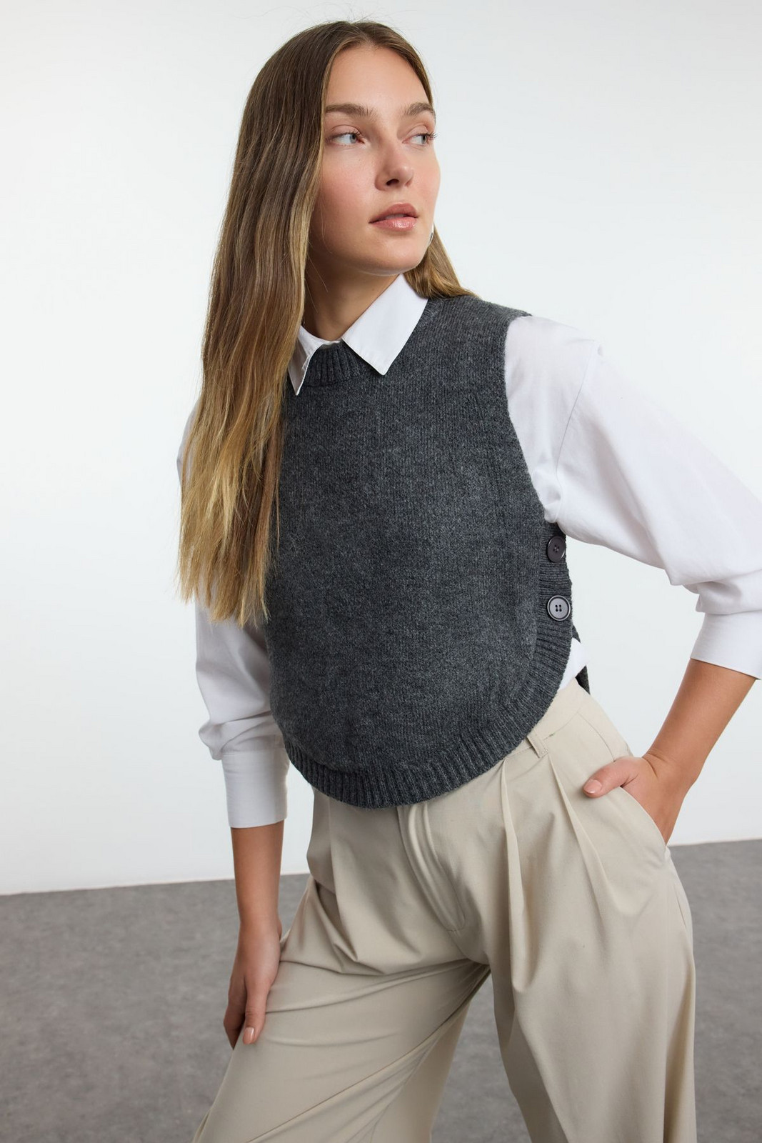 Trendyol Anthracite Crop Soft Texture Buttoned Knit Sweater