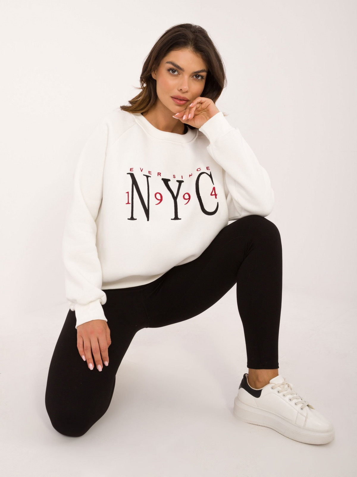 Ecru hoodie without hood with embroidery
