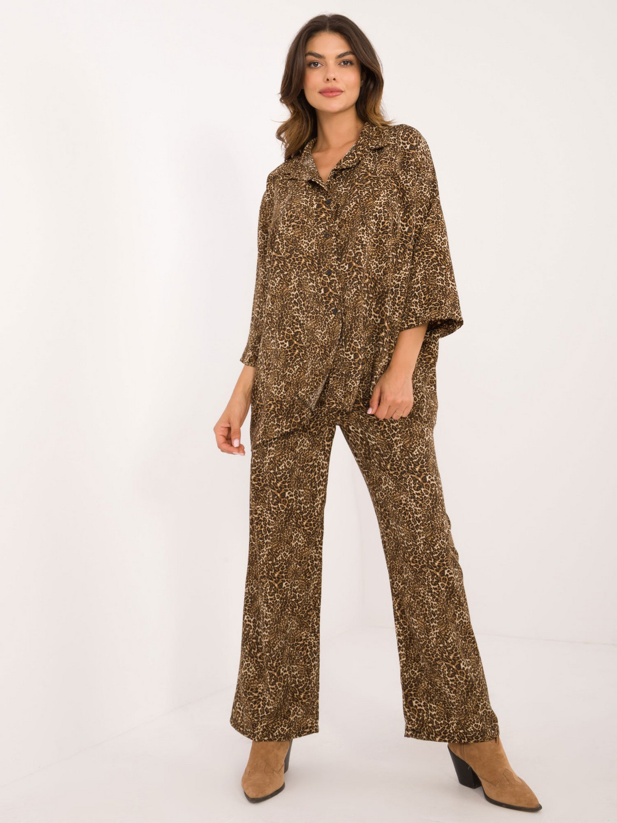 Dark beige and black two-piece set with leopard print